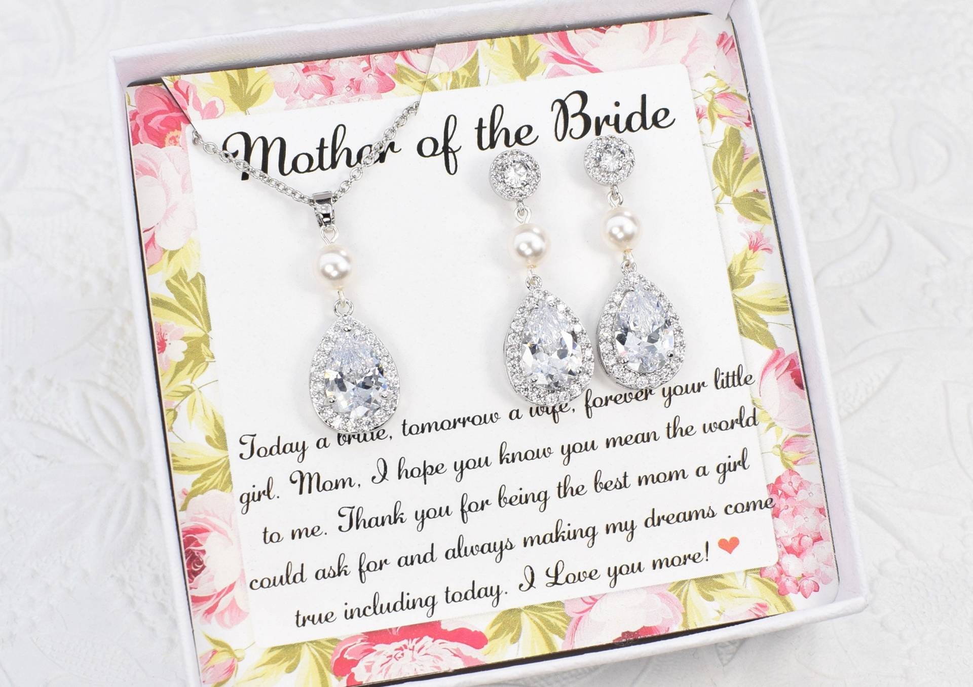 Mutter Der Braut Schmuck Set Zirkonia Teardrop Ohrringe & Halskette von PearlSelect