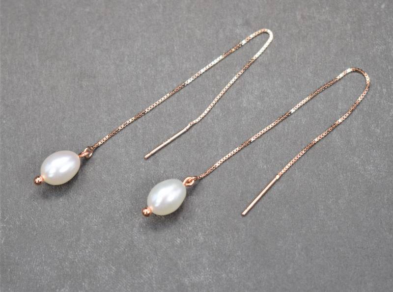 Süsswasserperlen-Durchfädler-Ohrringe 925 Sterling Silber, Roségold von PearlSelect