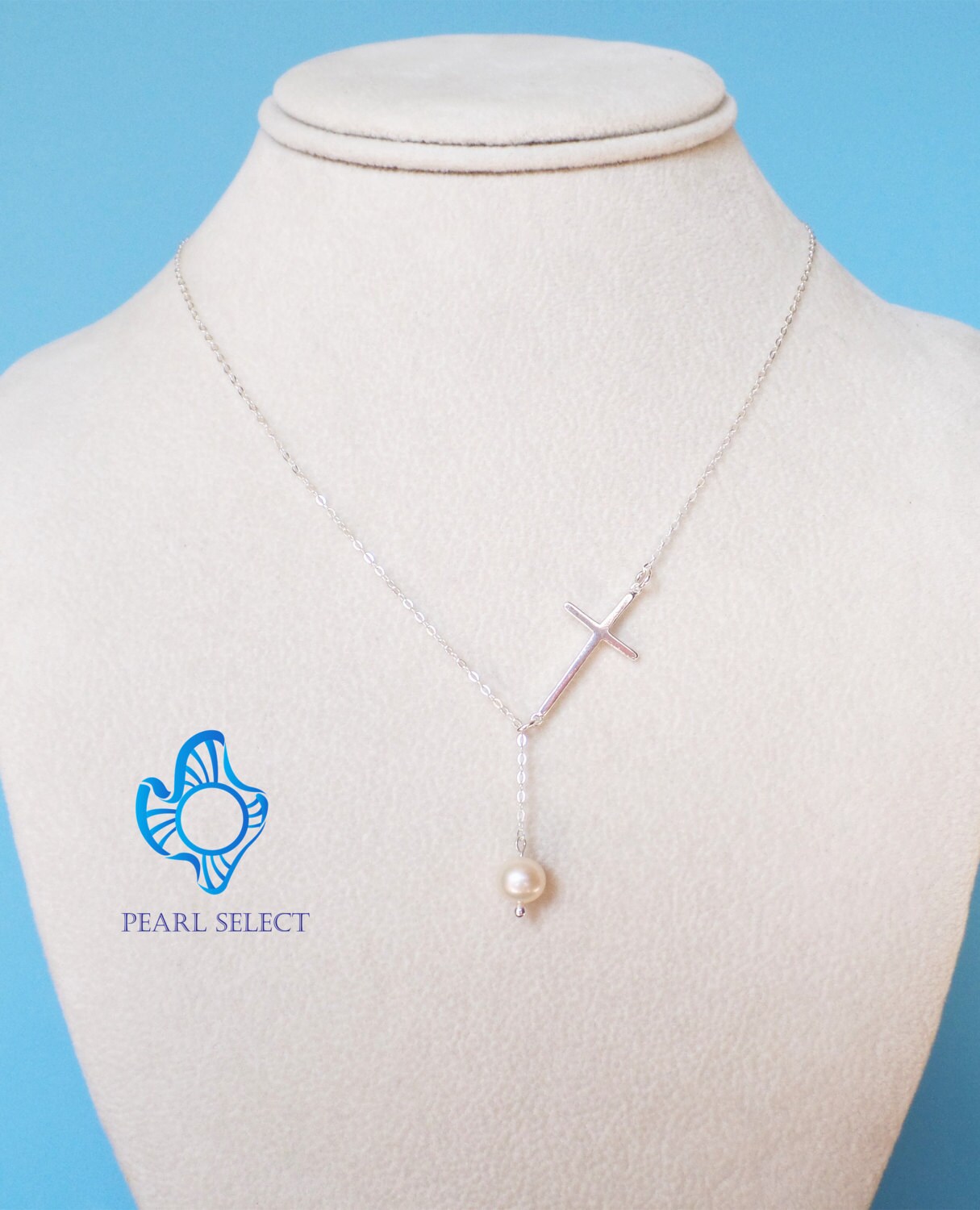 sterling Silber Kreuz Lariat Halskette Perle Taufgeschenk von PearlSelect