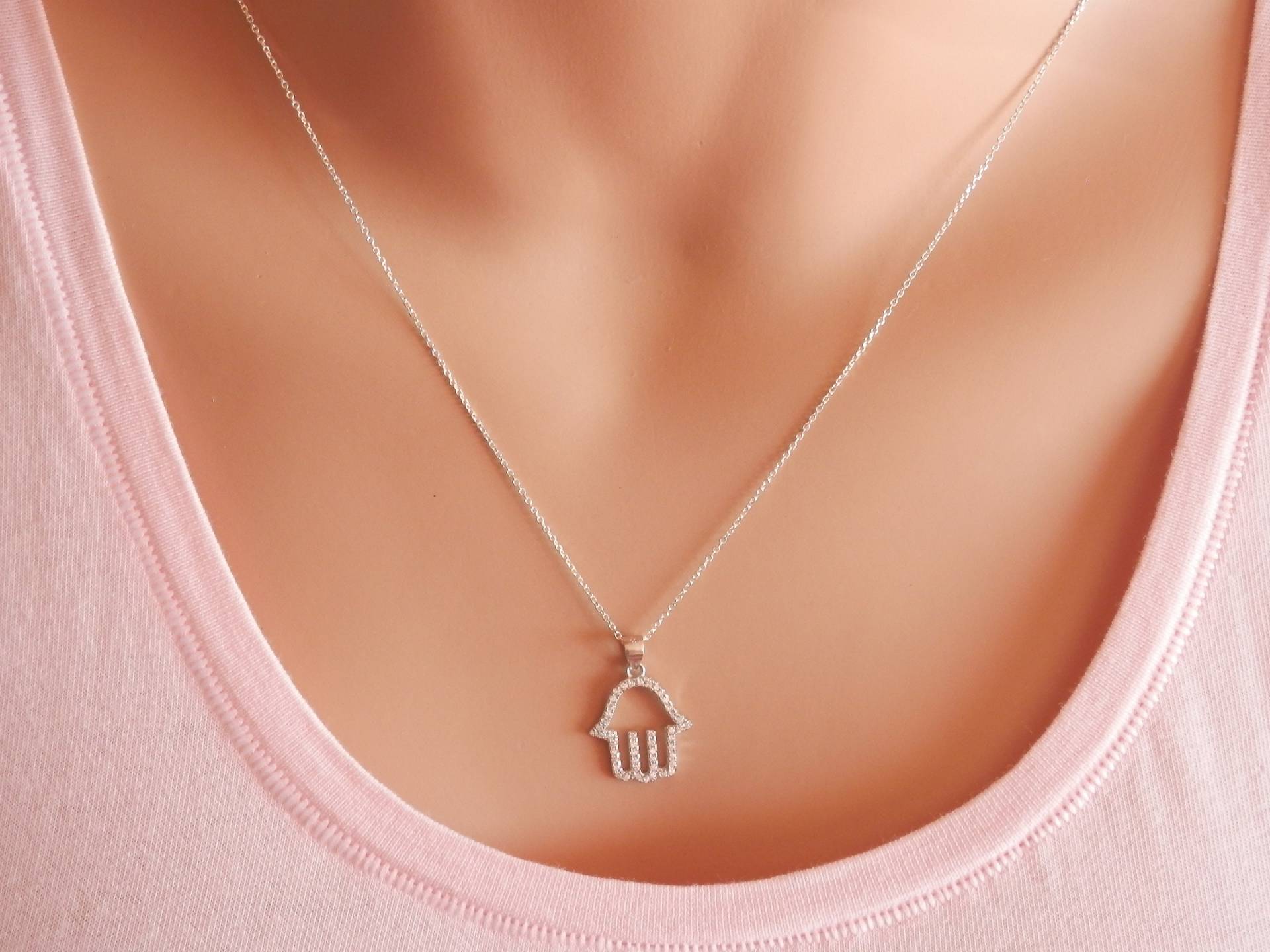 Hamsa Halsband Kette Hand Sterling Silber Halskette Hand Der Fatima Schmuck Kettenanhänger von PearlTales