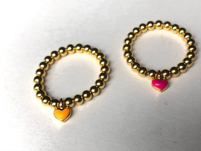 Traumhaftschöner Damen Ring Stapelring Aus 3mm Sterlingsilberperlen 925 Vergoldet Mit Miniherz Orange Rosa Neon von PearldiverJewel