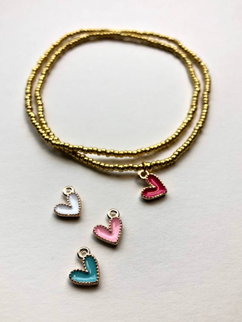 Wickelarmband Perlenarmband 2-Fach Wickelbar Mit Goldenen Rocailles Glasperlen 2mm Silber 925 Vergoldet Und Herzchenanhänger von PearldiverJewel