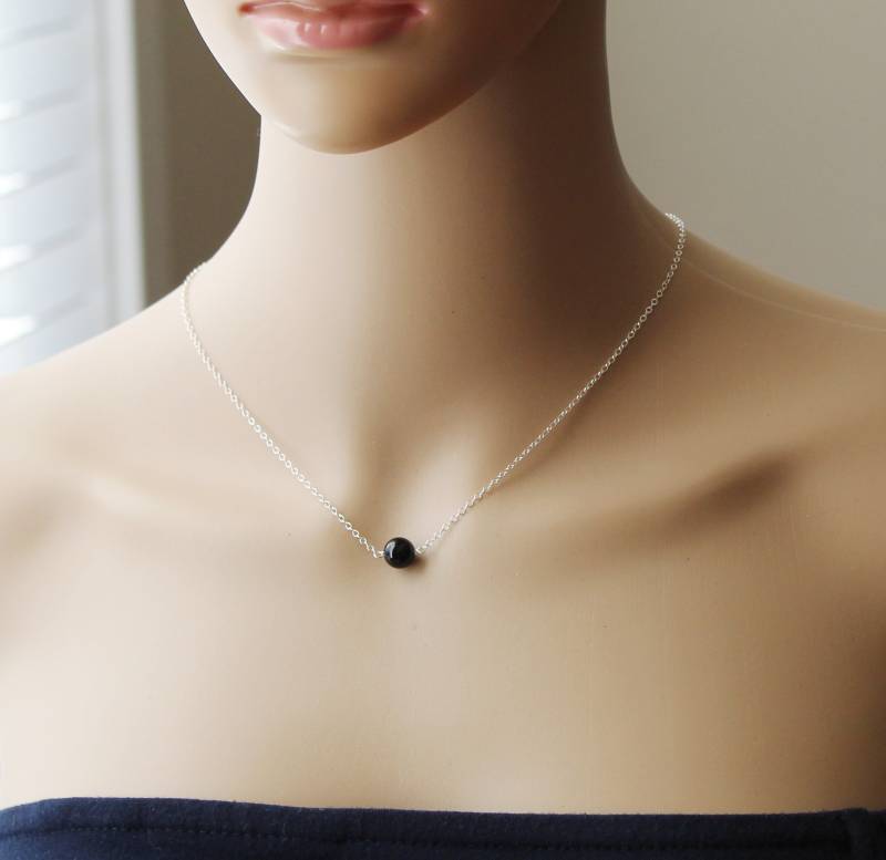 8mm Schwarze Onyx Halskette Schwebende Schwarze Stein Sterling Silber Schwarz Edelstein Perlen von Pearlland88