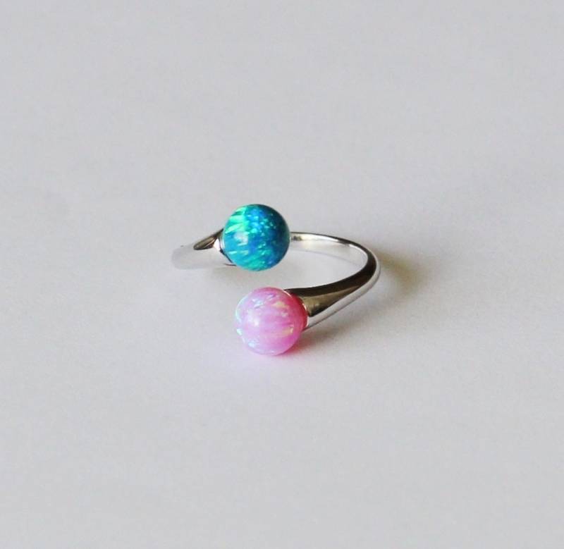 Rosa Und Pfau Blauer Opal Offener Ring Sterling Silber Verstellbarer Braut Geburtsstein Feuer Doppel von Pearlland88