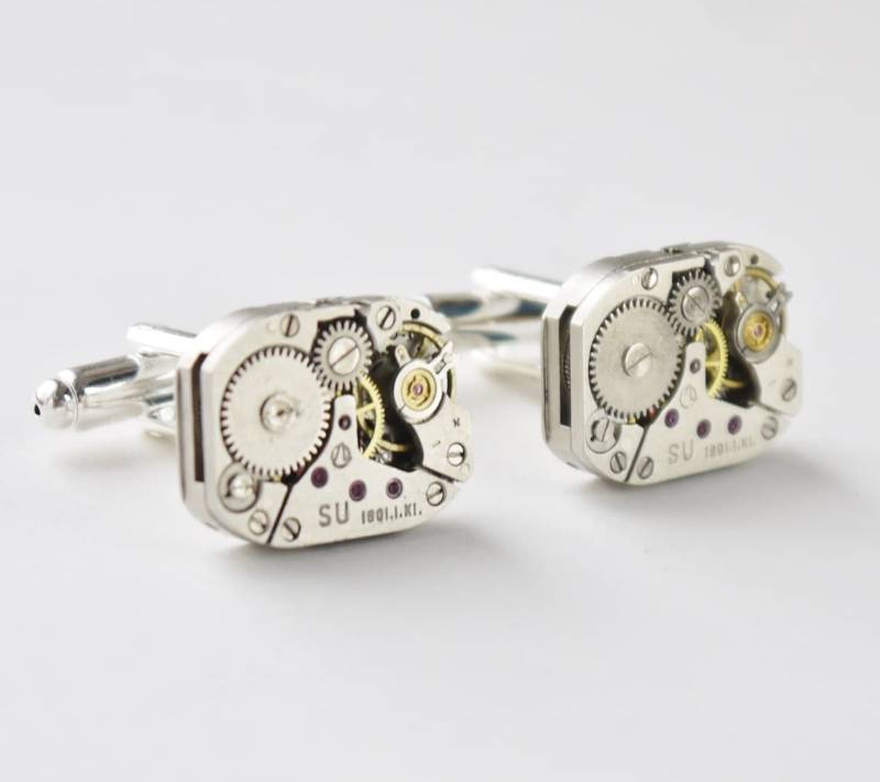 steampunk Manschettenknöpfe - Längliche Vintage Uhrwerke Auf Silberner Basis von PearlsByTabs