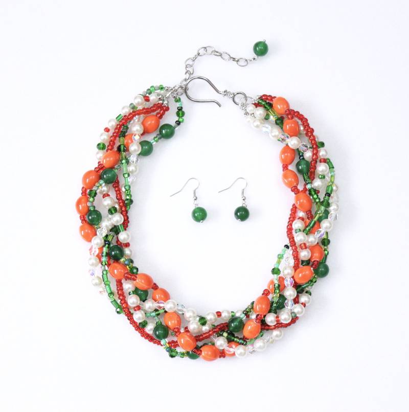 Orange Grün Perlen Statement Kette Klobiger Geflochtener Kristall Schmuck von PearlsandBeyond