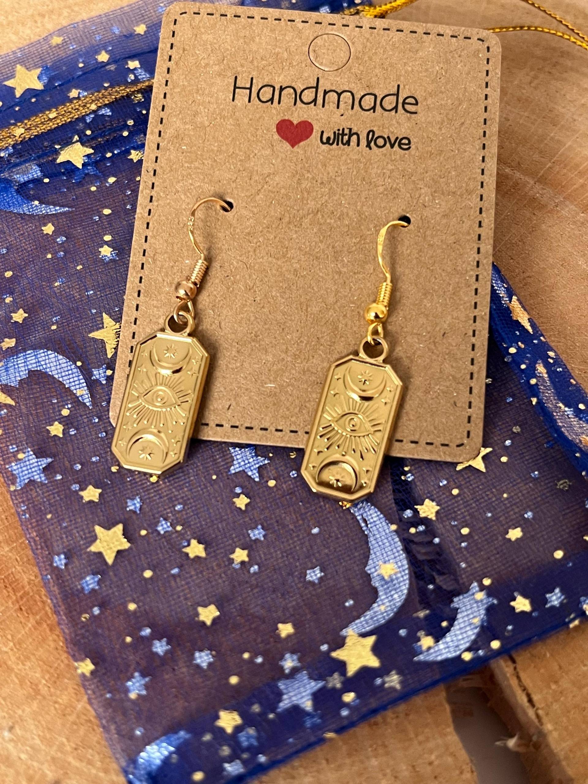 Handmade Boho Ohrringe, 18 Karat Vergoldet, Sonne, Mond & Auge, Esoterik, Cosmic Mystisch, Halloween, Talisman, Tarot Wicca Schmuck, Hippie von Pearlsantik