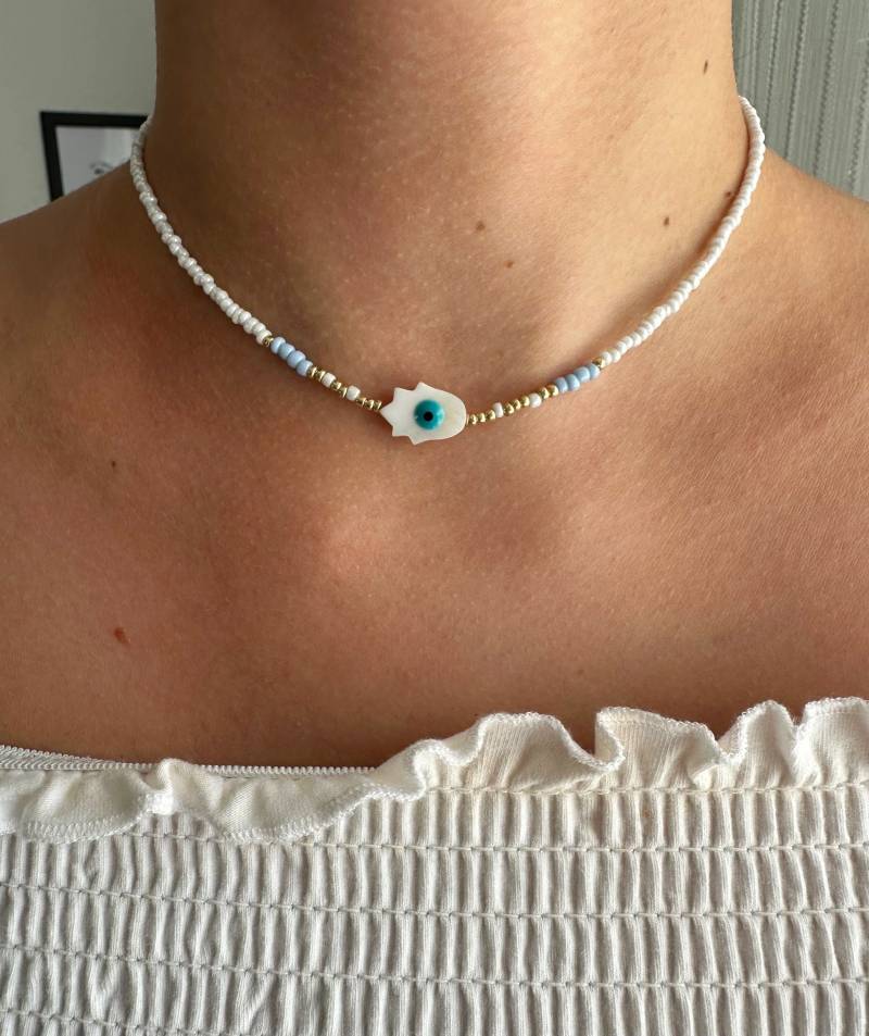 Perlenkette Chocker Bunt Mit Fatimas Hand - 10058 von Pearlsbyhelin