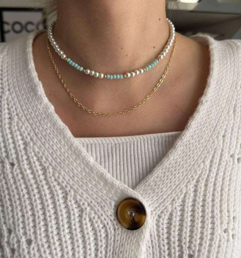 Perlenkette Chocker Mit Weißen Glasperlen Und Türkisen Kristallperlen - 10023 von Pearlsbyhelin