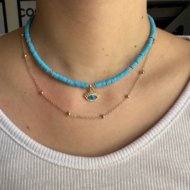 Perlenkette Mit Blauen Fimo Perlen Und Nazar Anhänger - 10040 von Pearlsbyhelin