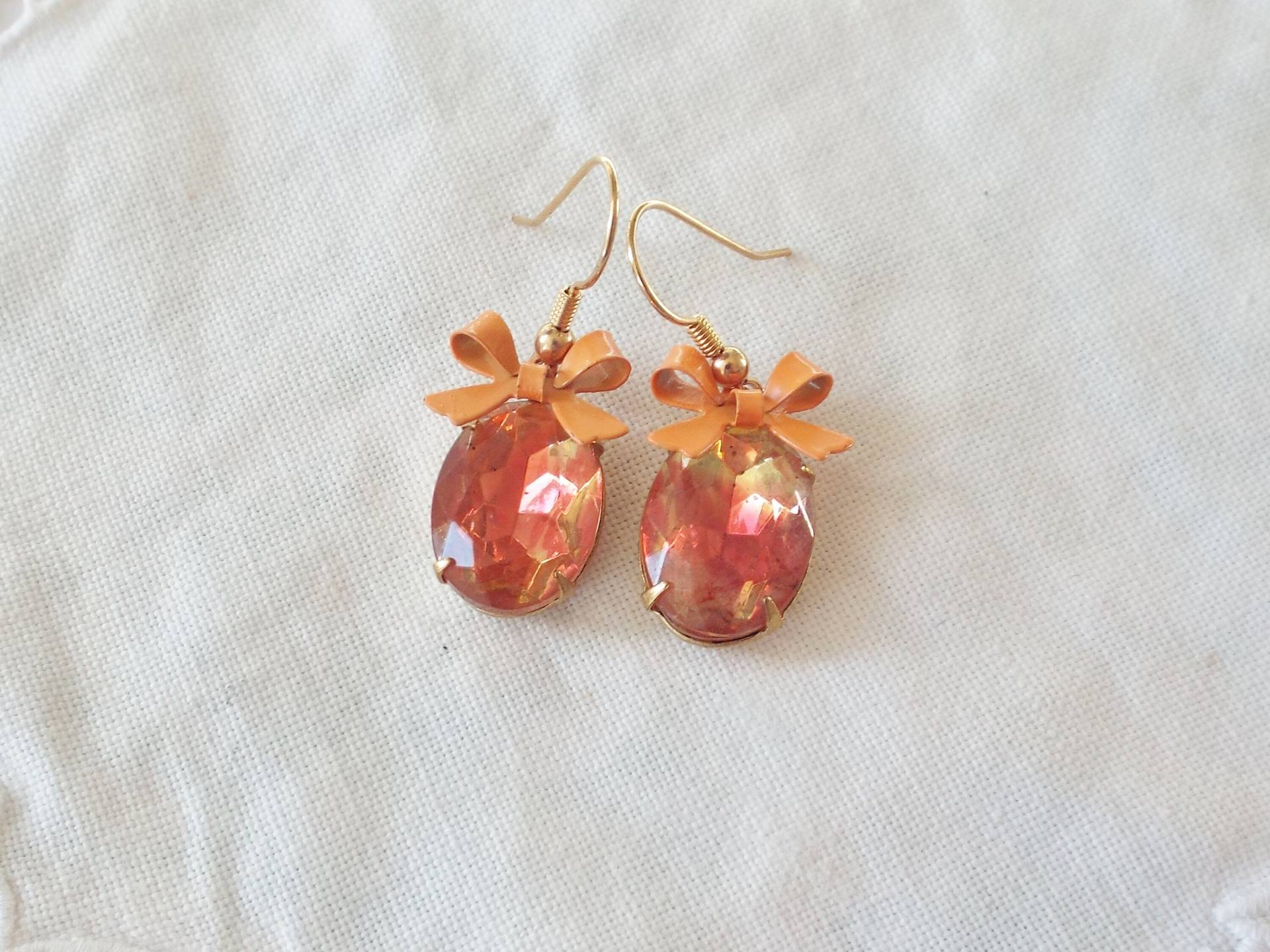 Ohrringe Vintage Love Juwelen Liebchen Orange Gelb Gold Mit Schleife Ohrhänger von PearlysSchatzkammer