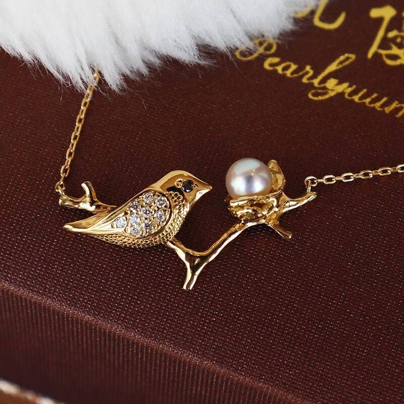 K18 Akoya Perlen 4-5 Mm Kleines Vogel Design K18Yg Diamant Schwarzer von Pearlyuumi