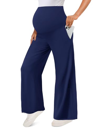 Peauty Buttery weiche Umstandshose mit weitem Bein, Boho-Hose für Freizeit und Arbeit (Größe S-3XL), Marineblau, S von Peauty