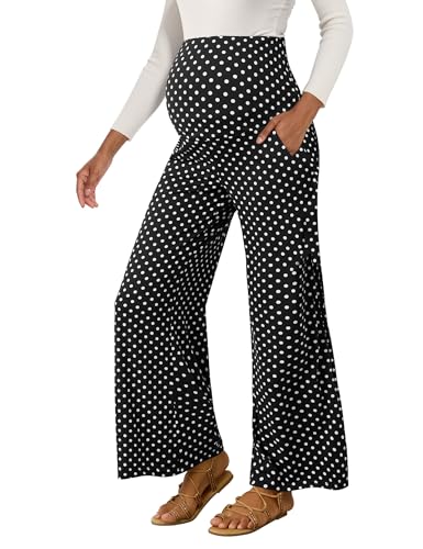 Peauty Buttery weiche Umstandshose mit weitem Bein, Boho-Hose für Freizeit und Arbeit (Größe S-3XL), schwarz mit Punkten, M von Peauty