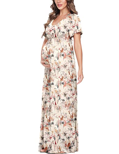 Peauty Umstands-Maxikleid Sommer mit dekorativem Knopf (S-3XL)/Kurze Flatterärmel Flowy Kleid Baby Shower Fotoshooting, A. Whitefloral, XX-Large von Peauty