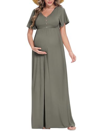 Peauty Umstands-Maxikleid Sommer mit dekorativem Knopf (S-3XL)/Kurze Flatterärmel Flowy Kleid Baby Shower Fotoshooting, Grüngrau, Groß von Peauty