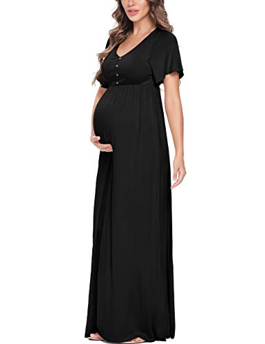 Peauty Umstands-Maxikleid Sommer mit dekorativem Knopf (S-3XL)/Kurze Flatterärmel Flowy Kleid Baby Shower Fotoshooting, Schwarz, XX-Large von Peauty