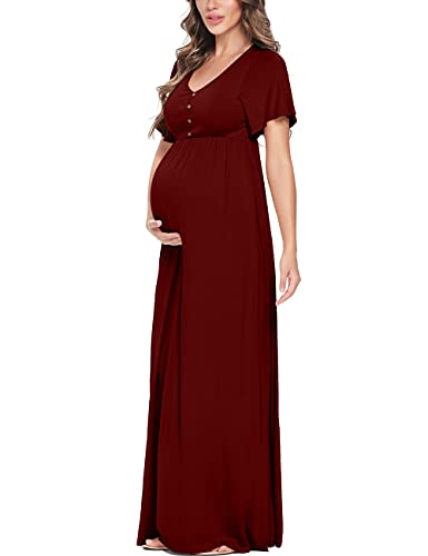 Peauty Umstands-Maxikleid Sommer mit dekorativem Knopf (S-3XL)/Kurze Flatterärmel Flowy Kleid Baby Shower Fotoshooting, Weinrot ohne Taschen, XX-Large von Peauty