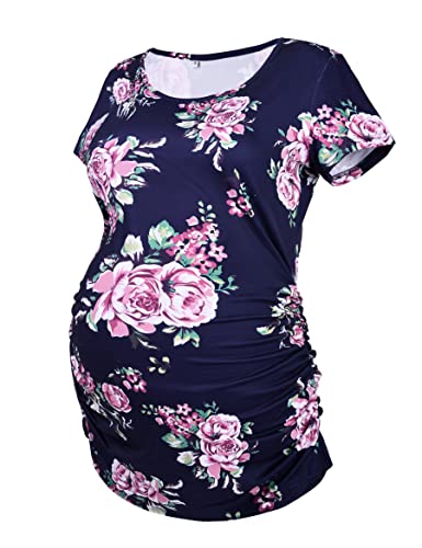 Peauty Umstandsshirts Umstandsmode Seitlich gerafft Umstandsshirts für Frauen Schwangerschaftsshirts, Marineblau mit rosa Blumen, Klein von Peauty