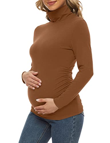 Rollkragen & Langarm Umstandsshirts Seitlich gerüschte Umstands-Tops für den Alltag & Freizeit, Braun, Groß von Peauty