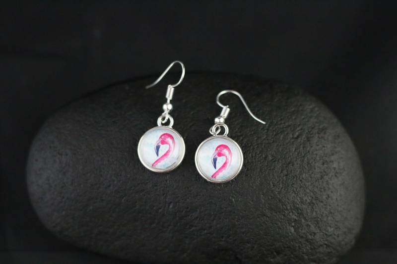 Silberne Ohrringe Flamingo Von Handgemalten Aquarell, Ohrhänger Flamingo, Hängende Hängeohrringe Damen, Geschenk von PebblesArtKreationen