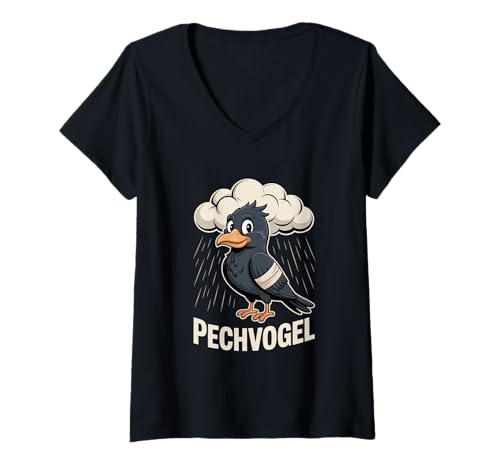 Damen Ungluecksrabe Pechvogel Regenwolke Lustiger Rabe Cartoon T-Shirt mit V-Ausschnitt von Pechvogel Rabe Ungluecksrabe Regenwolke Humor
