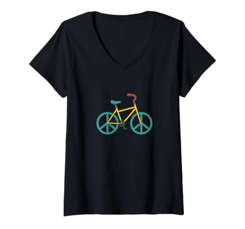 Damen Peace Sign Fahrrad mit groovigen Reifen für glückliche Radfahrer T-Shirt mit V-Ausschnitt von Pedal Harmony Emporium