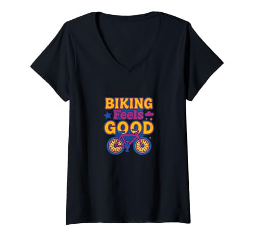 Damen Biking Feels Good Radfahrer Kunst mit I Love Bicycle T-Shirt mit V-Ausschnitt von Pedal Joy Emporium