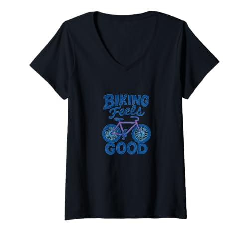 Damen Biking Feels Good Radfahrer Kunst mit I Love Bicycle T-Shirt mit V-Ausschnitt von Pedal Joy Emporiums