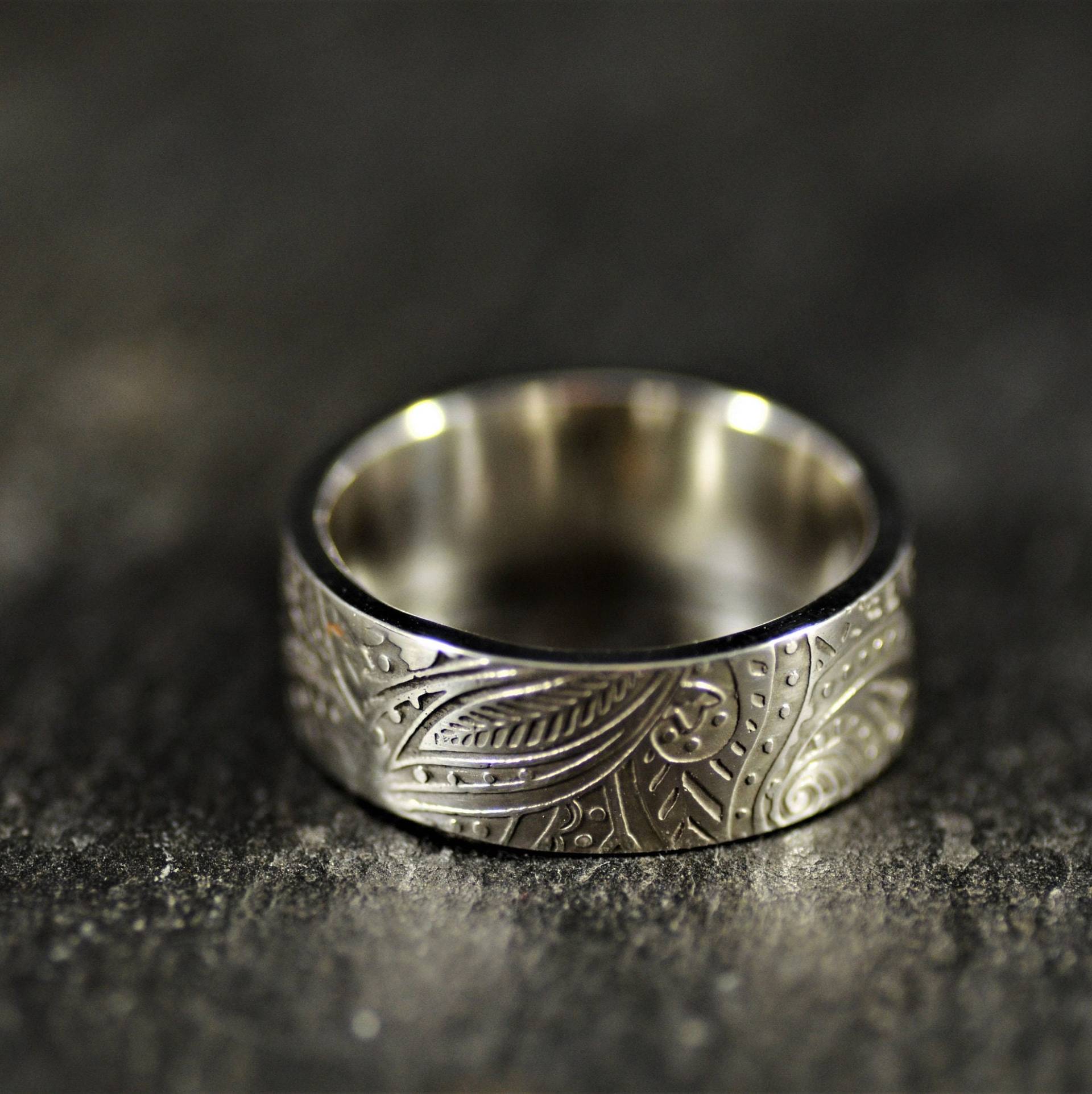 Geätzter Paisley-sterlingsilber-Bandring | 8mm Breite von PedalSilver