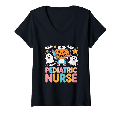 Damen Halloween-Kinderkrankenschwester Pädiatrische Notfallkrankenschwester für Kinder T-Shirt mit V-Ausschnitt von Pediatric Emergency Nurse Halloween Apparel