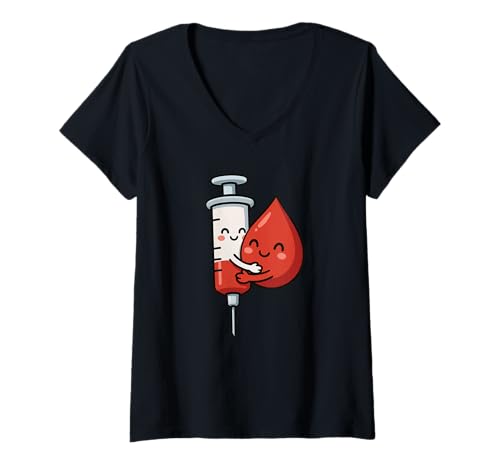 Damen Kawaii Phlebotomist Nurse Humor Blood Draw Cute Spritze T-Shirt mit V-Ausschnitt Damen Kawaii Phlebotomist Nurse Humor Blood Draw Cute Spritze T-Shirt mit V-Ausschnitt von Pediatric Medical Tech Funny Blood Donor Lab Joke