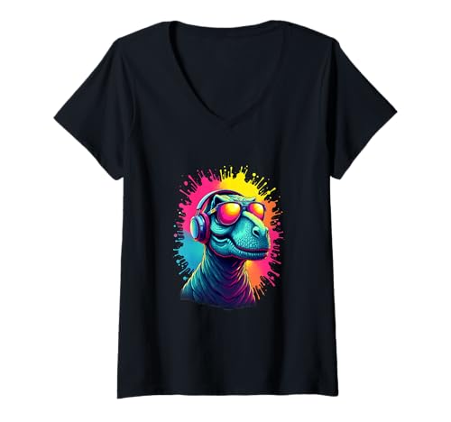 Damen Coole Dino-Vibes mit Farbspritzern T-Shirt mit V-Ausschnitt Damen Coole Dino-Vibes mit Farbspritzern T-Shirt mit V-Ausschnitt von PeeKay Apparel - Dino