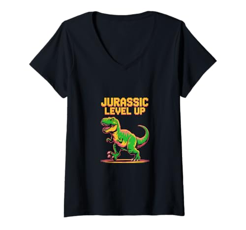 Damen Jurassic Level Up Pixel Dinosaurier Geburtstag Gamer T-Shirt mit V-Ausschnitt von PeeKay Apparel - Dino