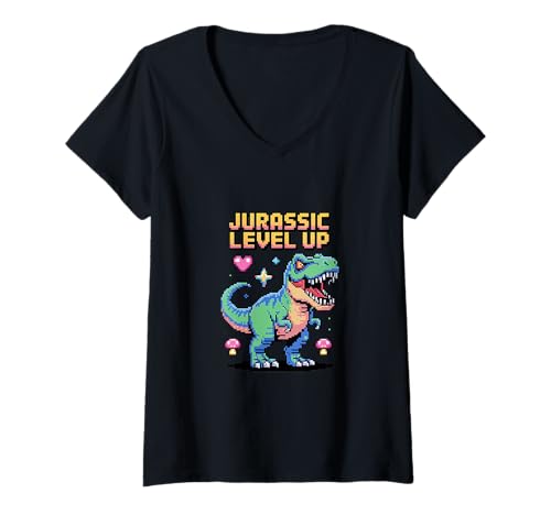 Damen Jurassic Level Up Pixel Dinosaurier Retro Gamer T-Shirt mit V-Ausschnitt von PeeKay Apparel - Dino