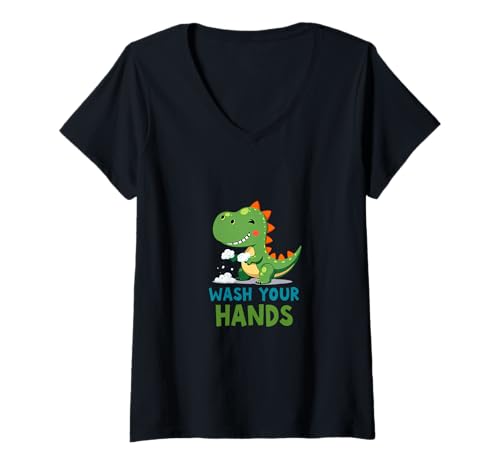 Damen Waschen Sie Ihre Hände, Dinosaurier-Hygiene-Erinnerung T-Shirt mit V-Ausschnitt Damen Waschen Sie Ihre Hände, Dinosaurier-Hygiene-Erinnerung T-Shirt mit V-Ausschnitt von PeeKay Apparel - Dino