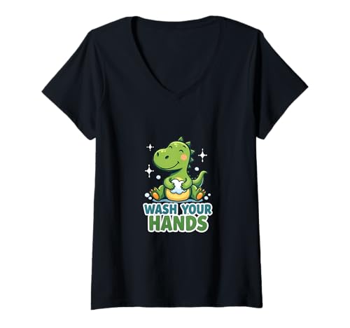 Damen Waschen Sie Ihre Hände, Dinosaurier-Hygiene-Erinnerung T-Shirt mit V-Ausschnitt von PeeKay Apparel - Dino