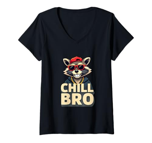 Damen Chill Bro Coole Waschbär-Vibes T-Shirt mit V-Ausschnitt von PeeKay Apparel - Fun