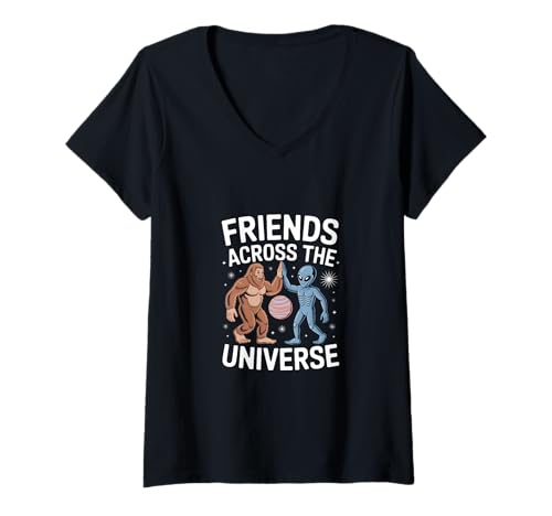 Damen Friends Across the Universe - Alien and Bigfoot Humor T-Shirt mit V-Ausschnitt Damen Friends Across the Universe - Alien and Bigfoot Humor T-Shirt mit V-Ausschnitt von PeeKay Apparel - Fun