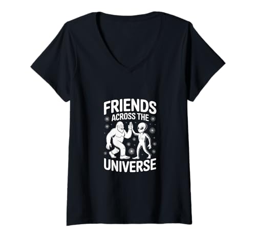Damen Friends Across the Universe - Alien and Bigfoot Humor T-Shirt mit V-Ausschnitt Damen Friends Across the Universe - Alien and Bigfoot Humor T-Shirt mit V-Ausschnitt von PeeKay Apparel - Fun