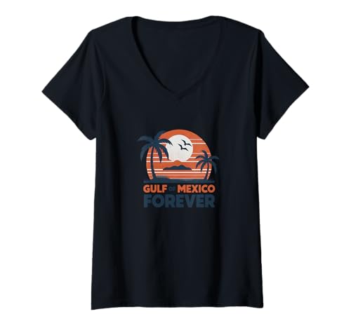 Damen Gulf of Mexico Forever - Retro Beach Sunset Vibes T-Shirt mit V-Ausschnitt von PeeKay Apparel - Fun