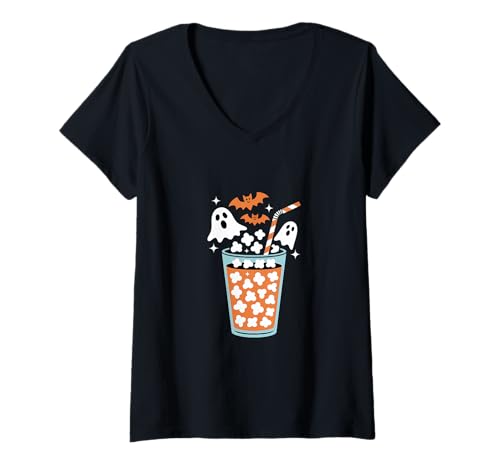 Damen Gruseliges Popcorngetränk - Halloween Snack Design T-Shirt mit V-Ausschnitt von PeeKay Apparel - Halloween