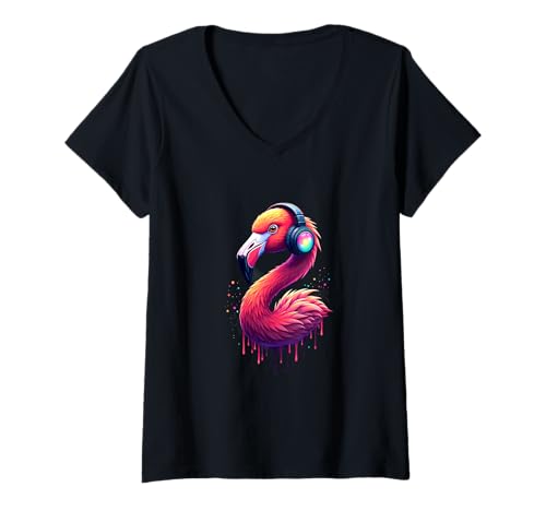 Damen Flamingo mit Kopfhörern, bunt, Retro-Musikliebhaber T-Shirt mit V-Ausschnitt Damen Flamingo mit Kopfhörern, bunt, Retro-Musikliebhaber T-Shirt mit V-Ausschnitt von PeeKay Apparel - Music