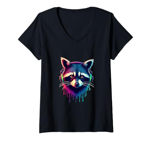 Damen Waschbär mit Kopfhörern, bunt, Retro-Musikliebhaber T-Shirt mit V-Ausschnitt Damen Waschbär mit Kopfhörern, bunt, Retro-Musikliebhaber T-Shirt mit V-Ausschnitt von PeeKay Apparel - Music