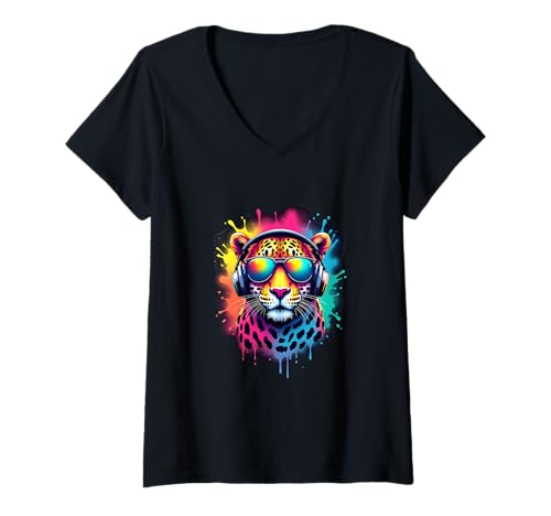 Damen Cooler Leopard mit Kopfhörern Retro Splash T-Shirt mit V-Ausschnitt Damen Cooler Leopard mit Kopfhörern Retro Splash T-Shirt mit V-Ausschnitt von PeeKay Apparel - Party