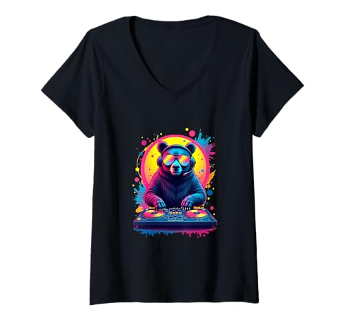 Damen DJ Bär im Retro-Pop-Art-Stil T-Shirt mit V-Ausschnitt Damen DJ Bär im Retro-Pop-Art-Stil T-Shirt mit V-Ausschnitt von PeeKay Apparel - Party