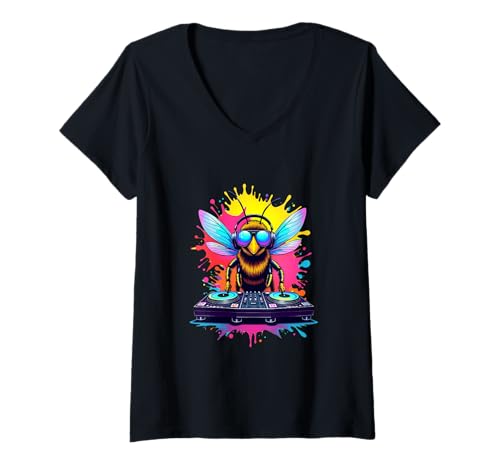 Damen DJ Bee Pop-Art-Stil im Retro-Stil T-Shirt mit V-Ausschnitt Damen DJ Bee Pop-Art-Stil im Retro-Stil T-Shirt mit V-Ausschnitt von PeeKay Apparel - Party