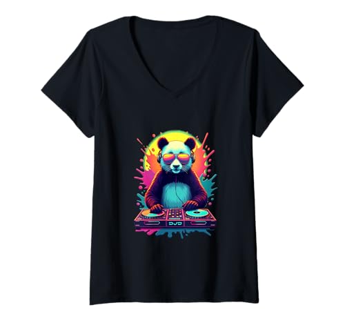 Damen DJ Panda im Retro-Pop-Art-Stil T-Shirt mit V-Ausschnitt Damen DJ Panda im Retro-Pop-Art-Stil T-Shirt mit V-Ausschnitt von PeeKay Apparel - Party