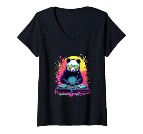 Damen DJ Panda im Retro-Pop-Art-Stil T-Shirt mit V-Ausschnitt Damen DJ Panda im Retro-Pop-Art-Stil T-Shirt mit V-Ausschnitt von PeeKay Apparel - Party