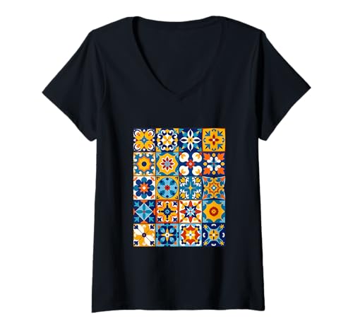 Damen Portugiesisches Fliesenmuster im Azulejo-Stil T-Shirt mit V-Ausschnitt von PeeKay Apparel - Portugal